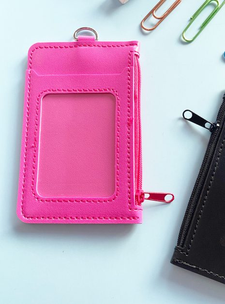 Double Pocket Card Holder Vertical With Zip-Hot Pink