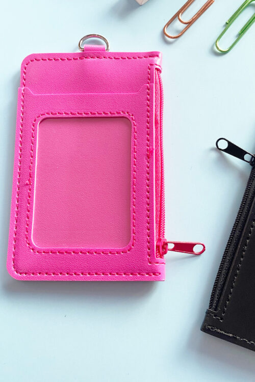 Double Pocket Card Holder Vertical With Zip-Hot Pink