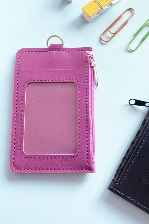 Double Pocket Card Holder Vertical With Zip-Purple