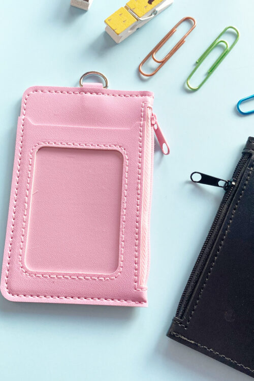 Double Pocket Card Holder Vertical With Zip-Light Pink