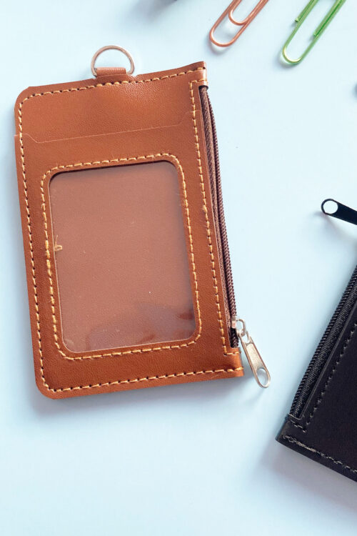 Double Pocket Card Holder Vertical With Zip-Brown