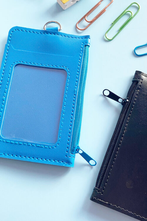 Double Pocket Card Holder Vertical With Zip-Light Blue