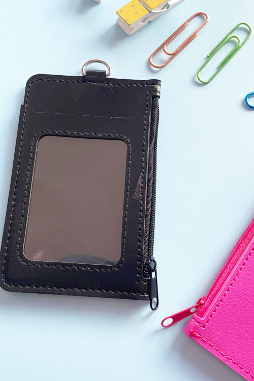 Double Pocket Card Holder Vertical With Zip-Black