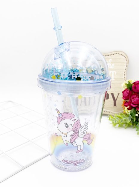 TRANSPARENT BOTTLE WITH STRAW - UNICORN BLUE