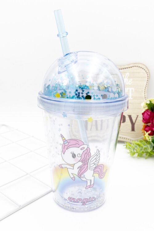 TRANSPARENT BOTTLE WITH STRAW - UNICORN BLUE
