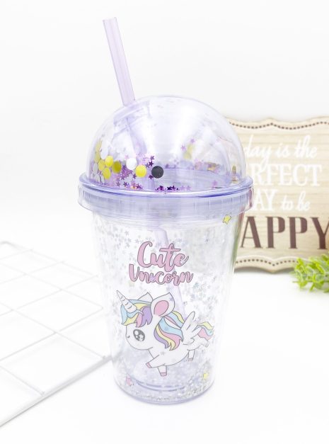 TRANSPARENT BOTTLE WITH STRAW - UNICORN PURPLE