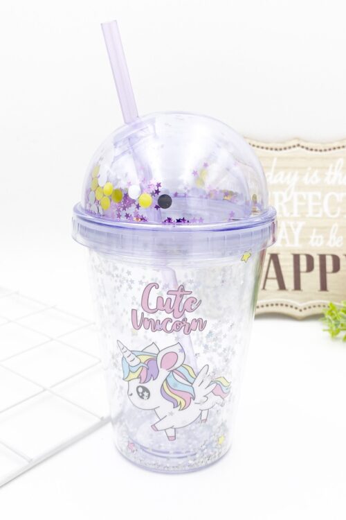 TRANSPARENT BOTTLE WITH STRAW - UNICORN PURPLE