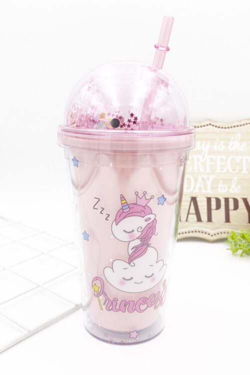 SOLID BOTTLE WITH STRAW BIG - UNICORN PINK (PRINCESS)