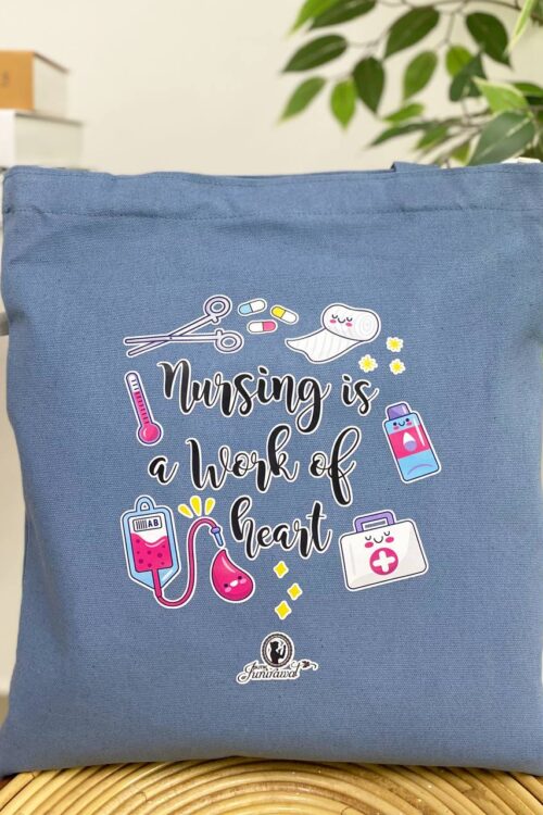 TOTE BAG NURSING IS A WORK OF HEART - LIGHT BLUE