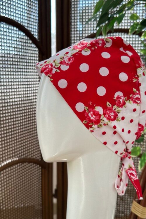 SCRUB CAP - RED POLKADOT WITH FLOWER