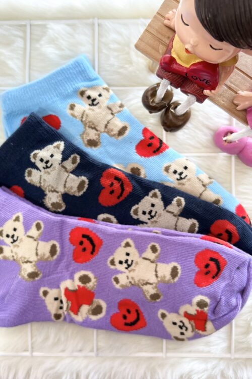 COTTON COMFORT SOCK - TEDDY BEAR (DARK BLUE,BLUE,PURPLE)