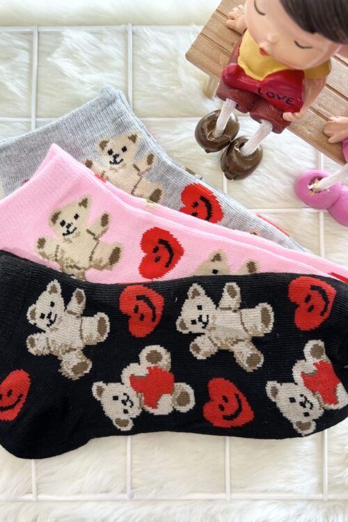 COTTON COMFORT SOCK - TEDDY BEAR  (BLACK,GREY,PINK)